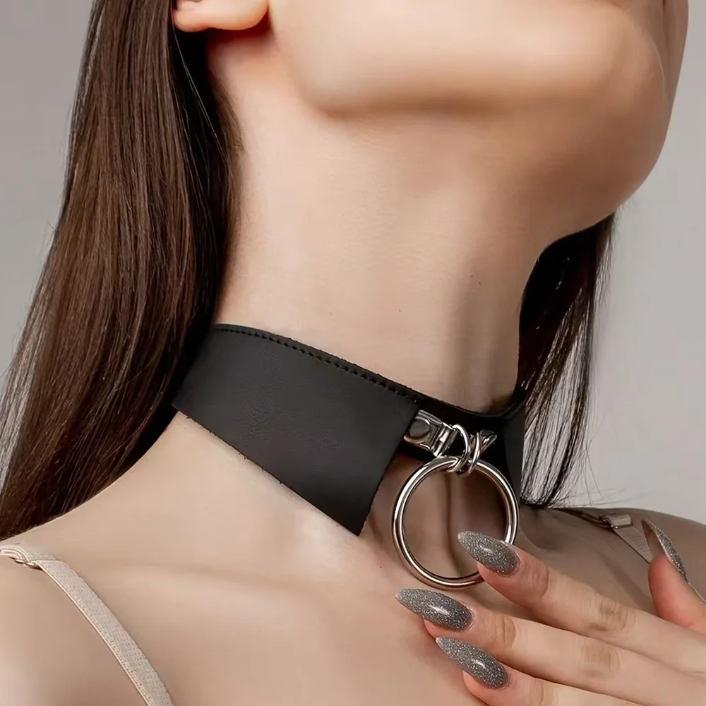 Punk Halloween Pu Leather Fashion Necklace With Large Pull Ring Summer Tie For Men And Women Couples