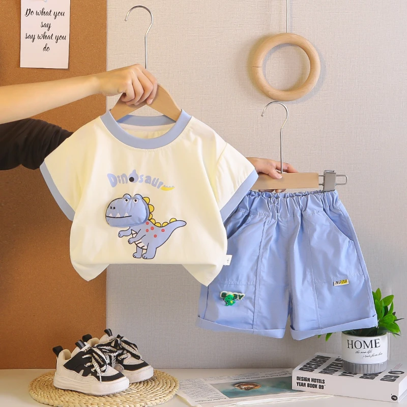 2026 Summer New Cute Children's Dinosaur Pattern Short Sleeve Top and Flower Bud Waist Shorts Two Piece Set