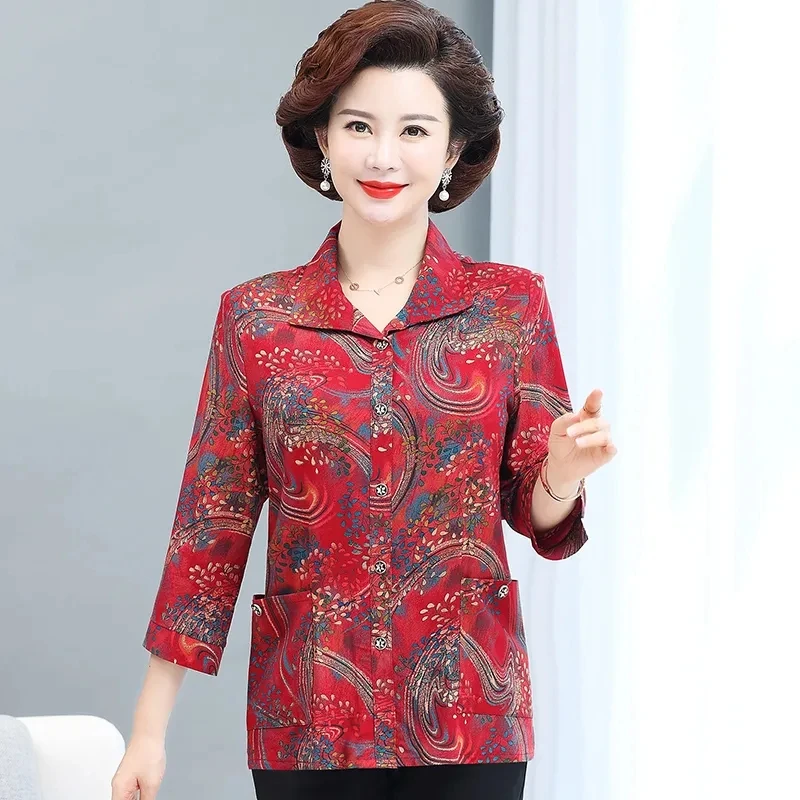 Mom's Costume Large Size Nine Points Sleeve Cardigan Blouse  60 Year Old Grandmother Printing Pocket Cardigan Shirt Tops Coat