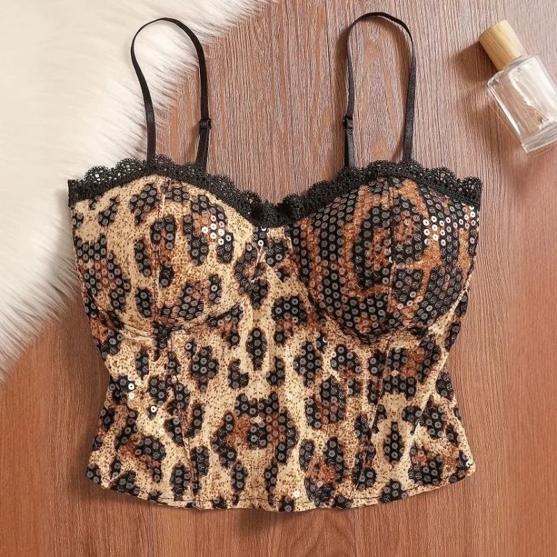 Ärmelloses Leoparden-Pailletten-Crop-Top für Damen, sexy, glänzend, rückenfrei, elastisch, High Street, Nachtclub, Tank-Top, figurbetontes Camisole-Top für Damen