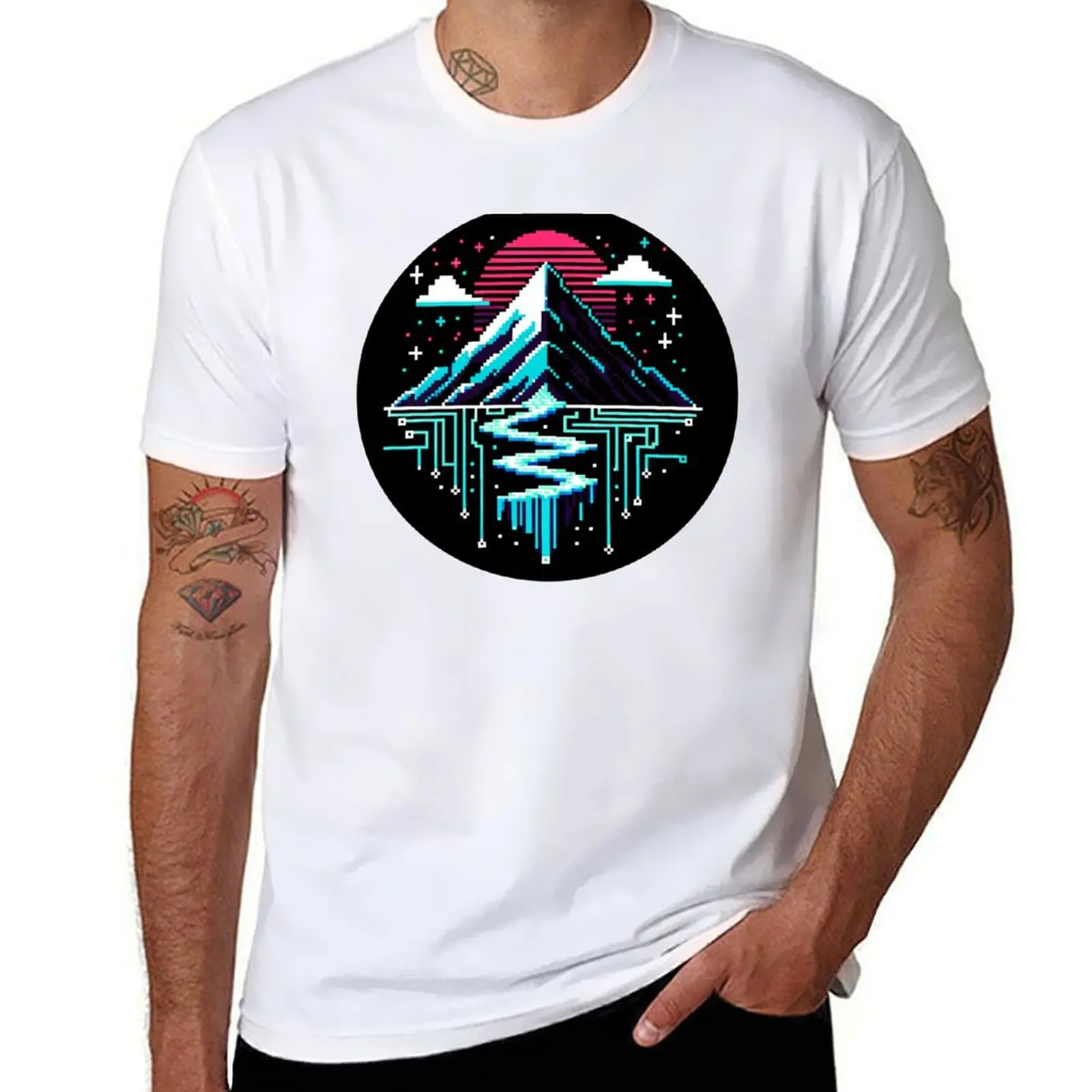 

Mountain Matrix - Pixelated Cyberpunk Nature Fusion T-Shirt Anti-Fade Casual Tee Shirt