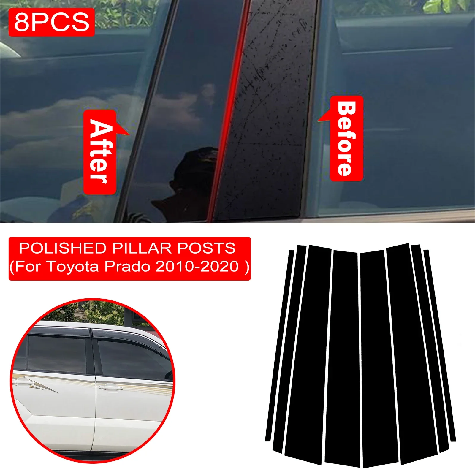 

For Toyota Prado 2010-2020 8pcs Mirror Effect Car Window Door Column B C Pillar Post Cover Trim Glossy Black PC Sticker Drop New