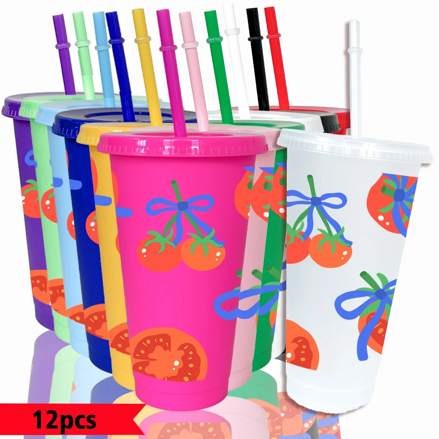 12pcs-set-tomato-bow-pattern-26oz-colored-plastic-party-cold-cup-for-birthday-back-to-school-gift-gameday-drinkware