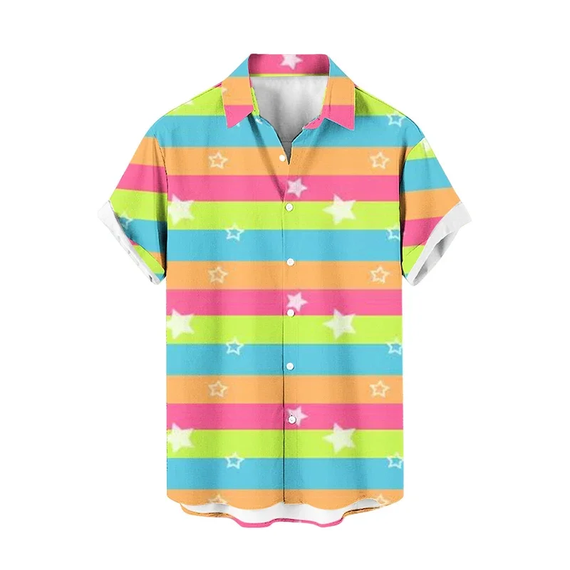 

Разноцветная рубашка с 3D-принтом в полоску для мужчин, летняя пляжная рубашка с растительным принтом, на пуговицах, с коротким рукавом, для улицы, для пар
