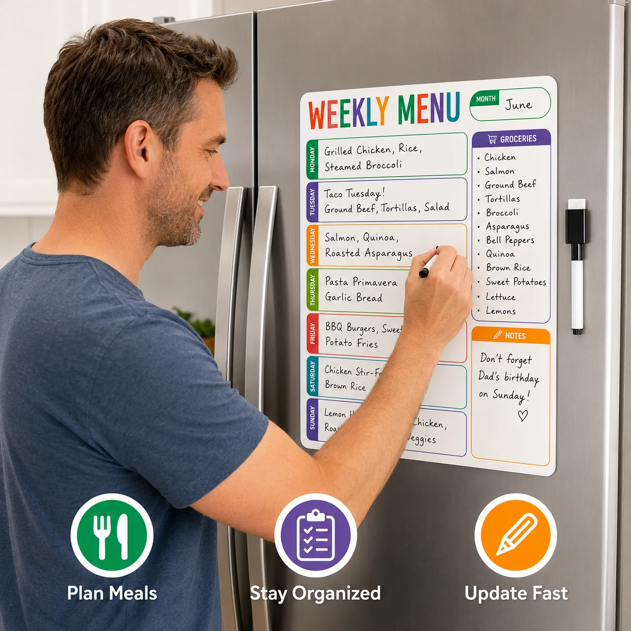 1pc Weekly Menu Fridge Whiteboard Sticker With 1 Erasable Marker, Dry Erase Meal Planner For Kitchen Grocery List Notes view 3