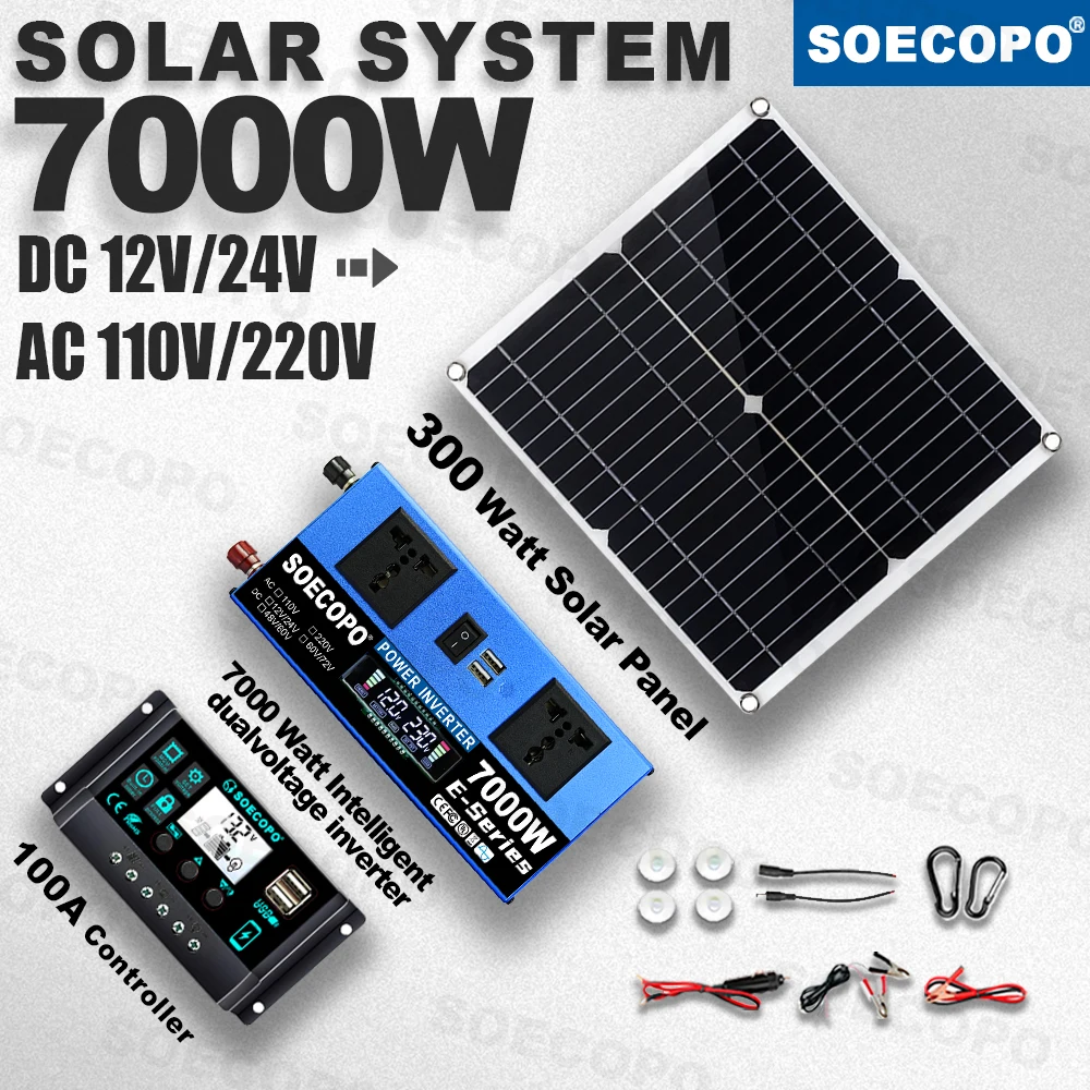 

SOECOPO 7000W Solar System Kit, 12V/24V to 110V/220V Inverter, 300W Panel, 100A Controller, Off Grid for Home, RV, Camping