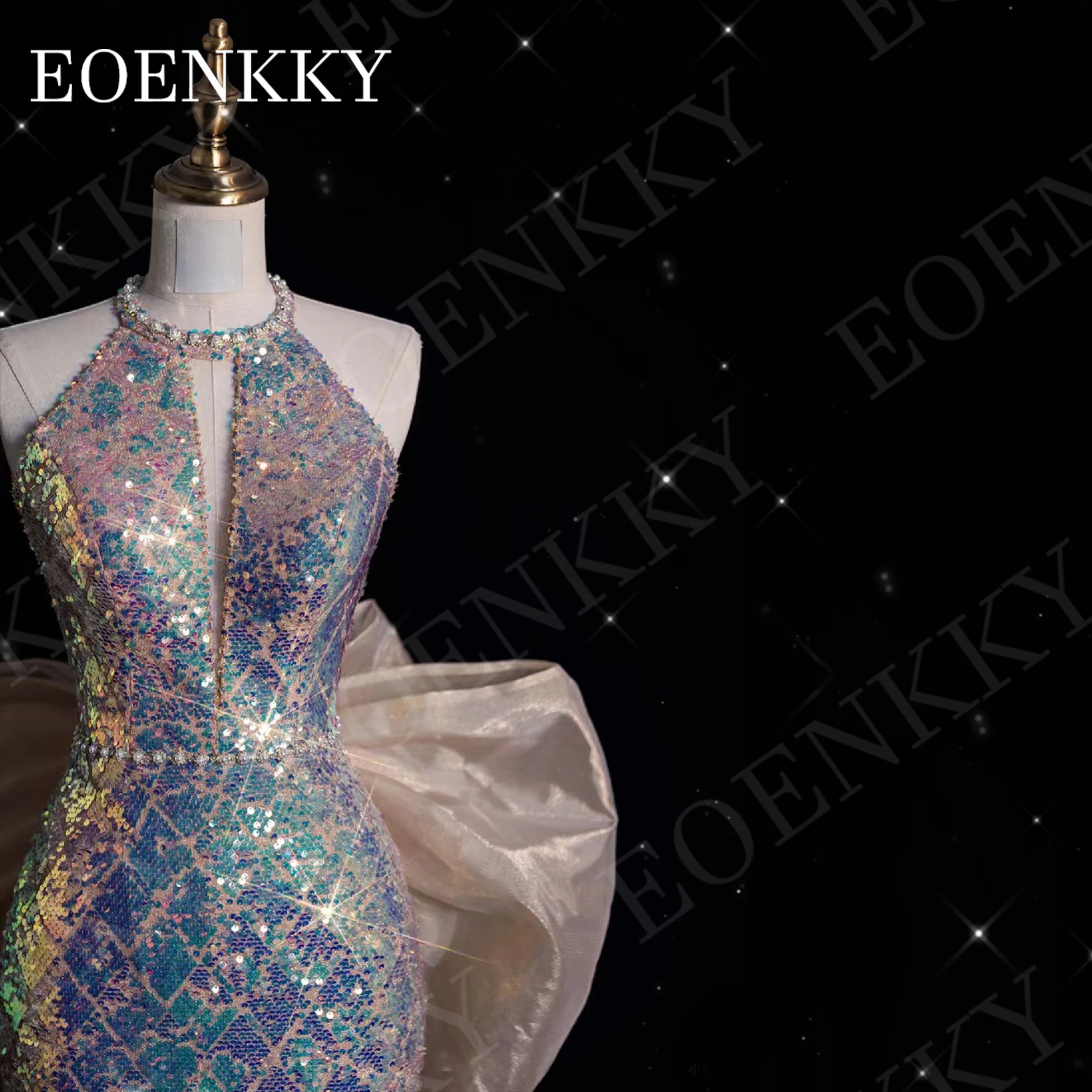 EOENKKY Halter Sparkly ชุดราตรี Mermaid สไตล์หรูหราเลื่อมชุดแต่งงานเปลือยที่ถอดออกได้รถไฟแขนกุด