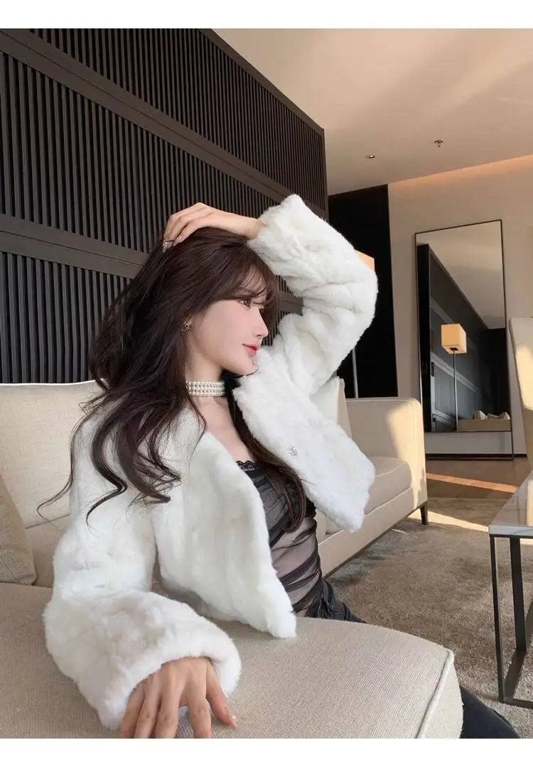 Chic V Neck Cropped Faux Rabbit Fur Jacket Women Elegant Single Button Plush Coats Woman Autumn Winter Fluffy Fleece Outerwear