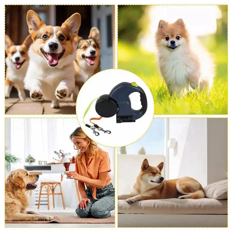 Auto Retractable Dual Dog Leash With Flashlight Waste Bag Box Roulette Double-Ended Traction Rope Pet Dog Supplies