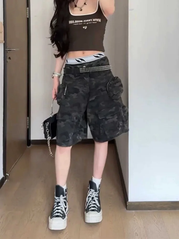 อเมริกันวินเทจฮิปฮอปล้างกางเกงคาร์โก้หญิงฤดูร้อน Hottie หลายกระเป๋ากางเกงครอปเกาหลีแฟชั่นการออกแบบสบายๆกางเกงใหม่