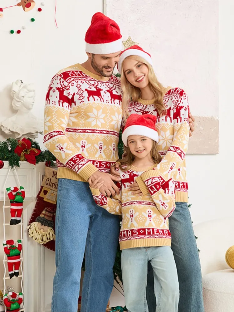 

Новый повседневный наряд для родителей и детей, рождественский вязаный пуловер, свитер со снежинкой и лосем, рождественский свитер, модные повседневные свитера с круглым вырезом