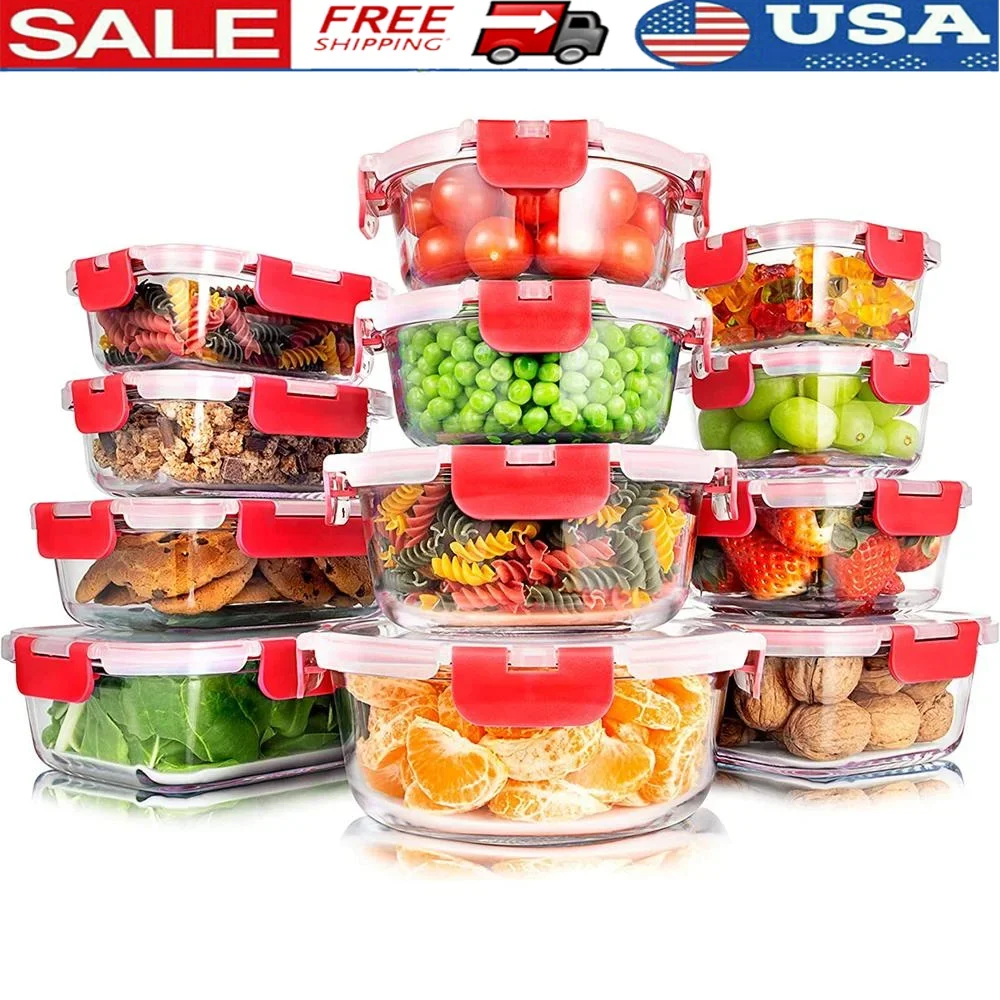 

24-Piece Stackable Glass Food Storage Containers Set Airtight Seal Durable Microwave Freezer Safe Easy Clean Meal Prep