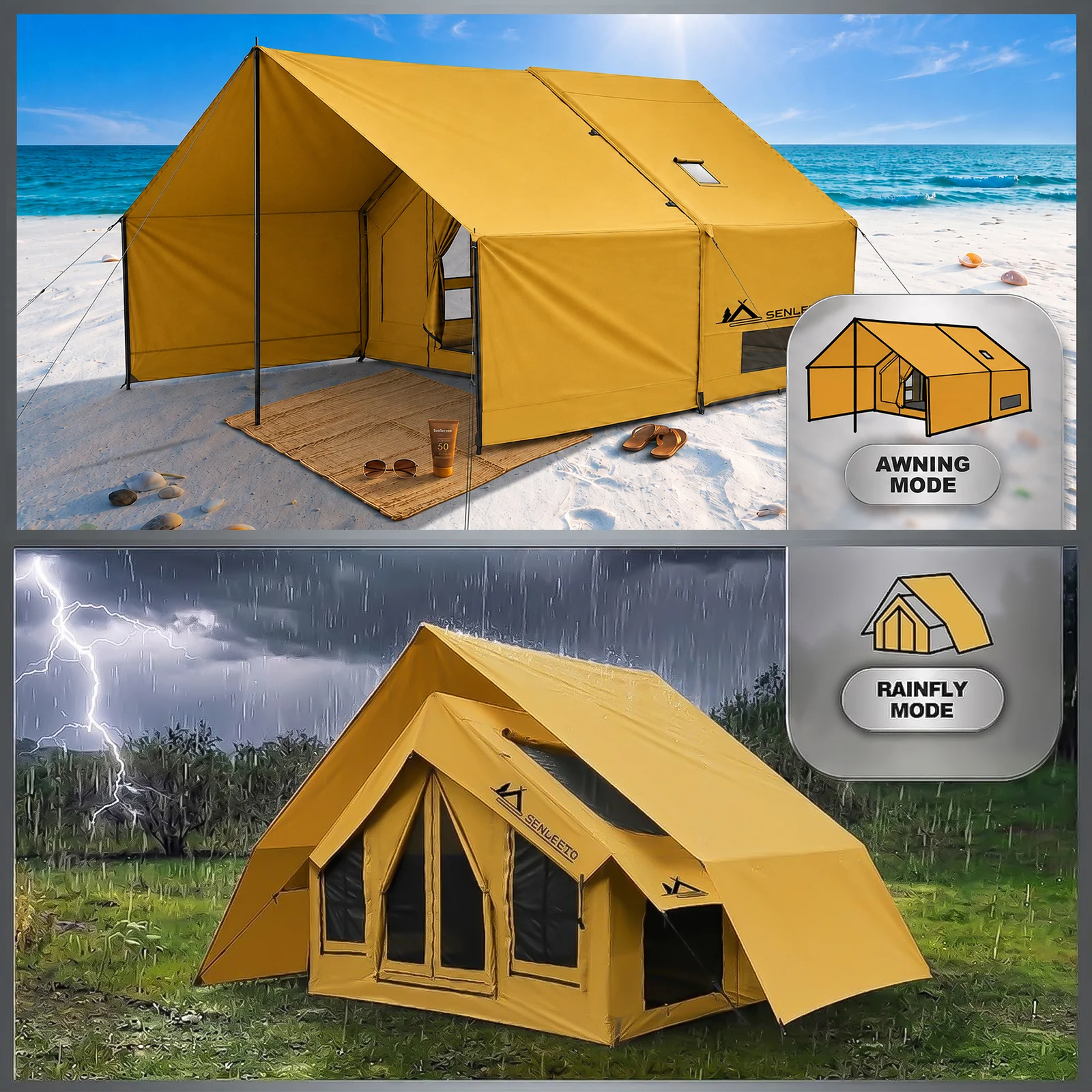 SENLEETO Inflatable Camping Tent 2-4 Person with Rain Fly/Canopy,Portable Easy Setup Tent with High Pressure Pump,Outdoor Camping Air Tent with Stove Jack AC Port