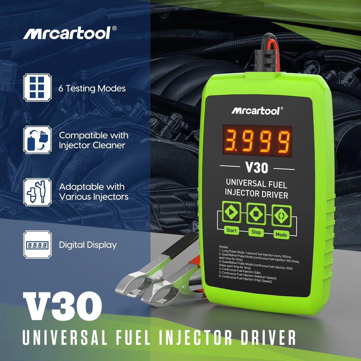 MRCARTOOL V30 Fuel Injector Tester Cleaner 6 Pulse Modes DIY Cleaning Tool Kit 12V Car Fuel Injector Flush Cleaner Adapter