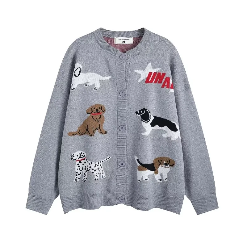 Lazy Style American Vintage Cardigan Long Sleeve Single Breasted Cartoon Jacquard Sweaters Casual Loose Cute Women Clothing 2025
