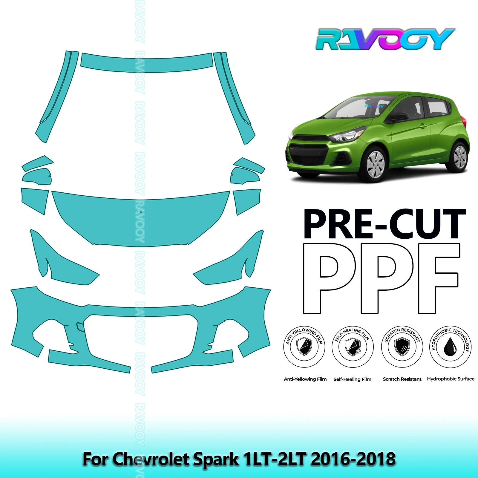 For Chevrolet Spark 1LT-2LT 2016-2018 Partial Front 8.5Mil Pre-Cut Paint Protection Film PPF Stone Chip Kit | Clear/Matte/Black