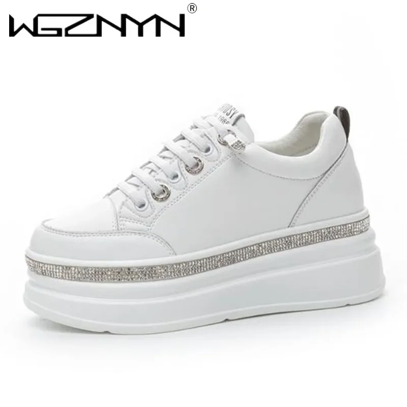 7cm 2025 New High Brand Genuine Leather Platform Wedge Casual Chunky Sneakers Women Ankle Spring Autumn Rhinestone Comfy Shoes