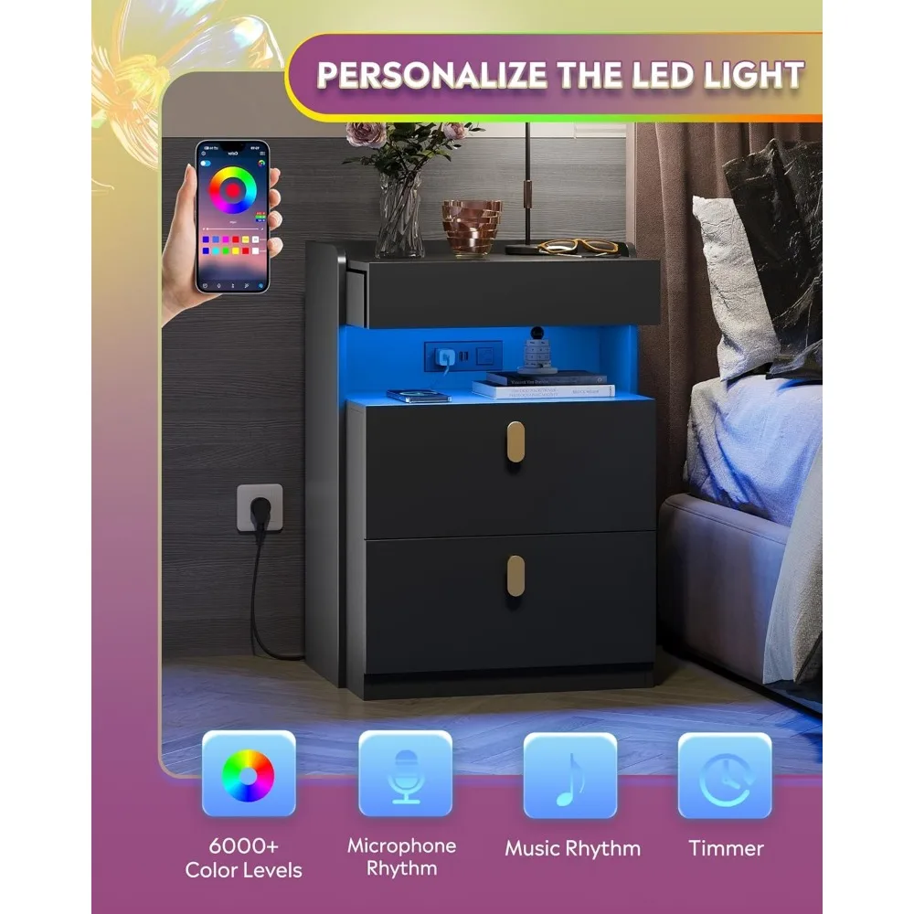 WLIVE LED Nighstand Set of 2 مع محطة شحن، مجموعات حوامل ليلية مع سطح منزلق، طاولات بجانب السرير مع أدراج، طاولة نهائية f
