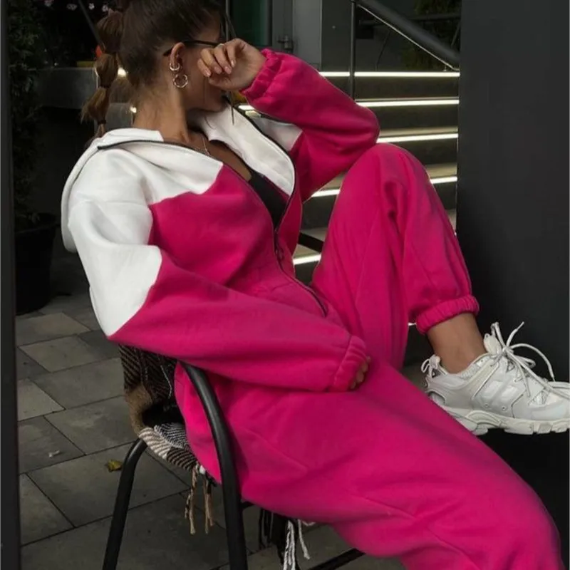 

2025 Winter Color Block Set Soft Fleece Hoodie & Elastic-Waist Wide-Leg Pants for Cozy Sporty Outfits Streetwear Style