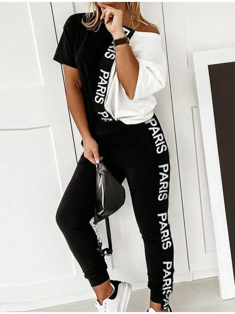 2023 Women\'s Spring Summer Sportswear Two-piece Set With Patchwork Letters Short Sleeved Long Pants Casual Women\'s Two-piece Set