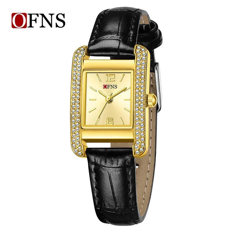 

OFNS Fashion High end Full Diamond Square Plate Women's Quartz Watch Leather Strap 3ATM Anti Elegant Leisure Versatile Watch