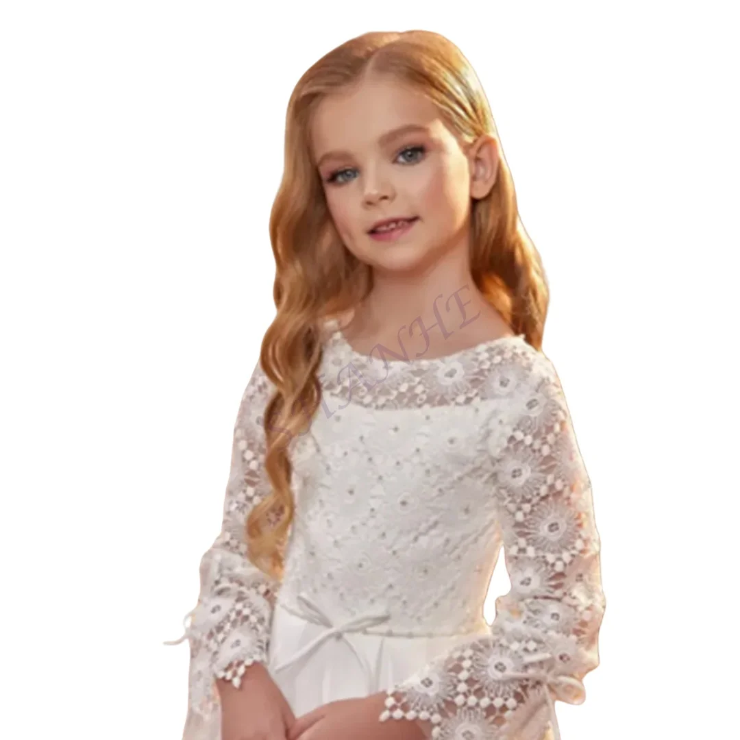 فستان فتاة الزهور من الساتان الأنيق المخصص لحفلات الزفاف مزين بالخرز وأكمام كاملة للأطفال أول عيد ميلاد الأميرة القربان المقدس P
