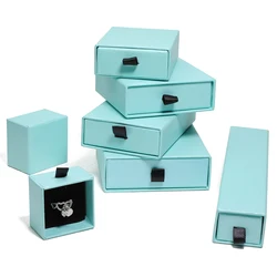 1pcs Luxury Hard Rigid Cardboard Sliding Jewellery Gift Box Lake Blue Paper Drawer Jewelry Ring Stud Earring Packaging Boxes