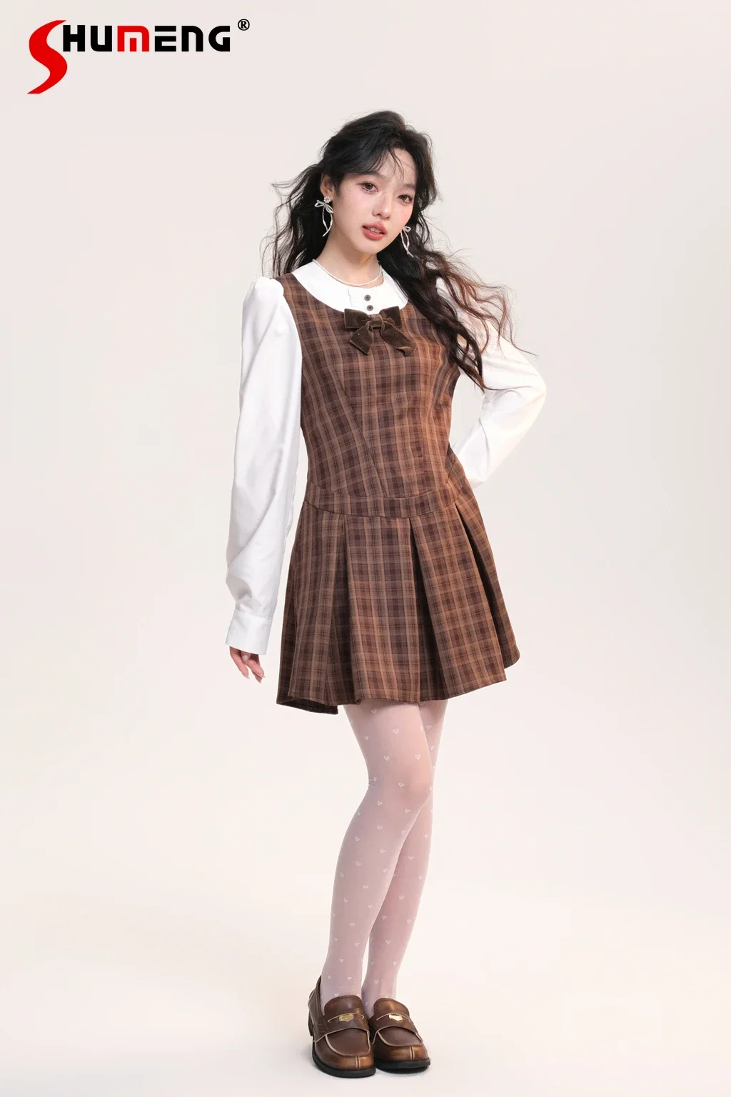 Japanese Retro Preppy Style Bow Round Neck Long Sleeve Plaid Stitching High Waist Slim A-line Pleated Short Dress Women Autumn