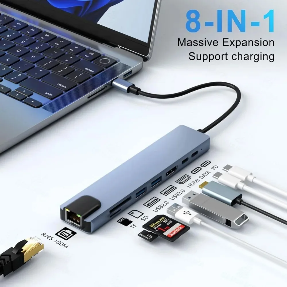 USB C Hub 8/7 in 1 4K HDMI Adapter Splitter with RJ45 USB3.0 2.0 SD/TF Card Reader PD Fast Charge for PC MacBook Notebook Laptop view 2