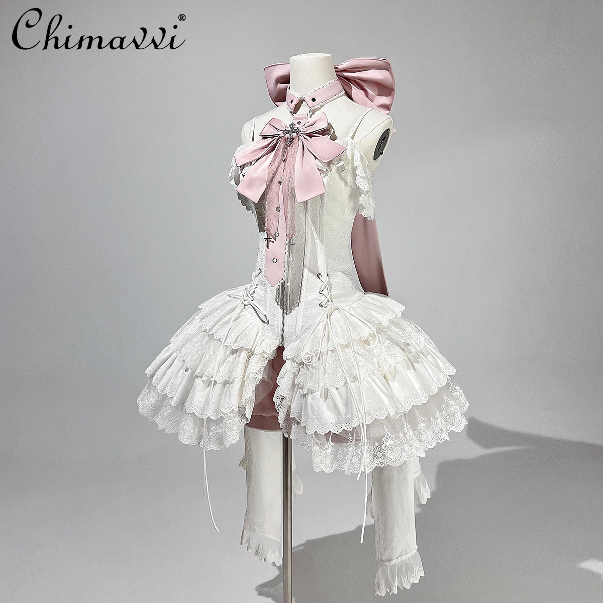 Ballett Sommer Damen Elegantes Cla JSK Hosenträgerkleid Prinzessin Süße Mädchen Große Satin Schleife Band Schlankes Fishbone Spitzenkleid Lolita