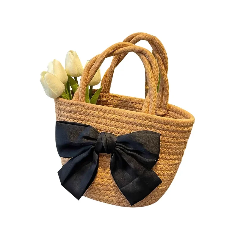 Bolso de mano de estilo coreano, tejido con cuerda de algodón, con nudo de mariposa, estilo campestre, bolso de viaje, bolso de verano para mujer, regalo versátil.