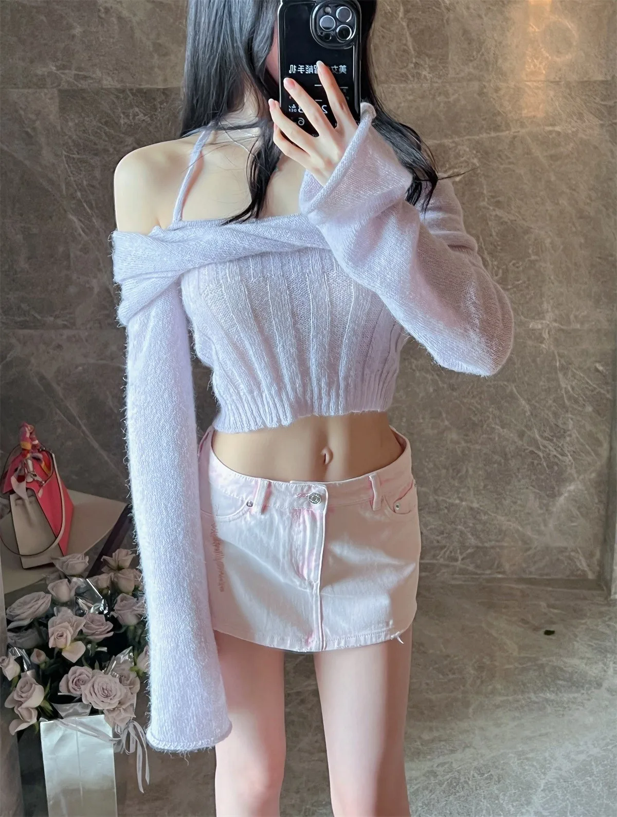 

Новая женская летняя короткая облегающая юбка из окрашенного розового денима с низкой талией, ручной работы, из хлопка, с эффектом потертости