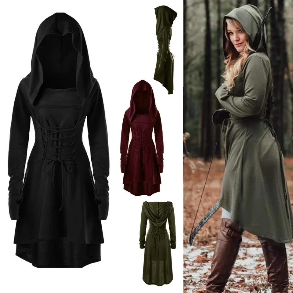 Renaissance Archer Style Knitted Dress, Long Sleeve Hooded Lace Trim Overhead Shirt, Medium Length Chinese Style Dress