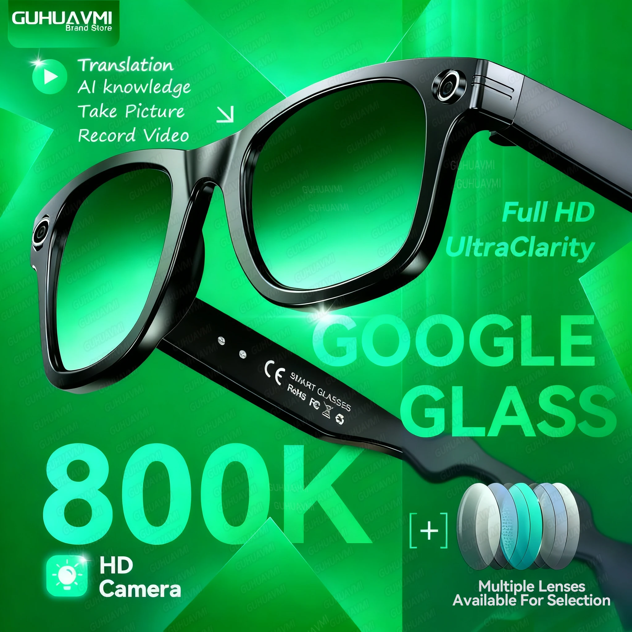 

New AI Smart Glasses 800W Pixel Camera Bluetooth HD Call Voice Assistant Stereo Music Player Translate 6K Photochromic Glasses