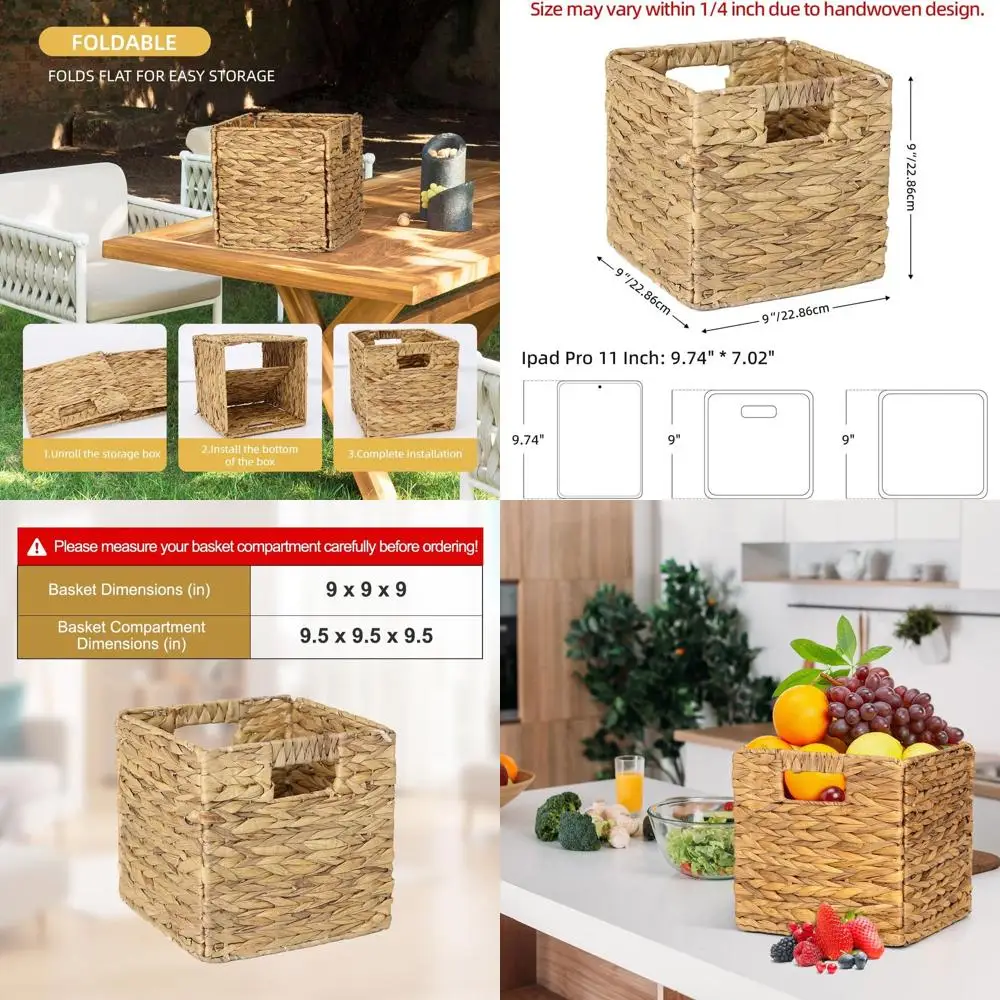 

Set of 4 9 Wicker Storage Cubes with Handles, Foldable Natural Baskets for Shelves & Outdoor Use