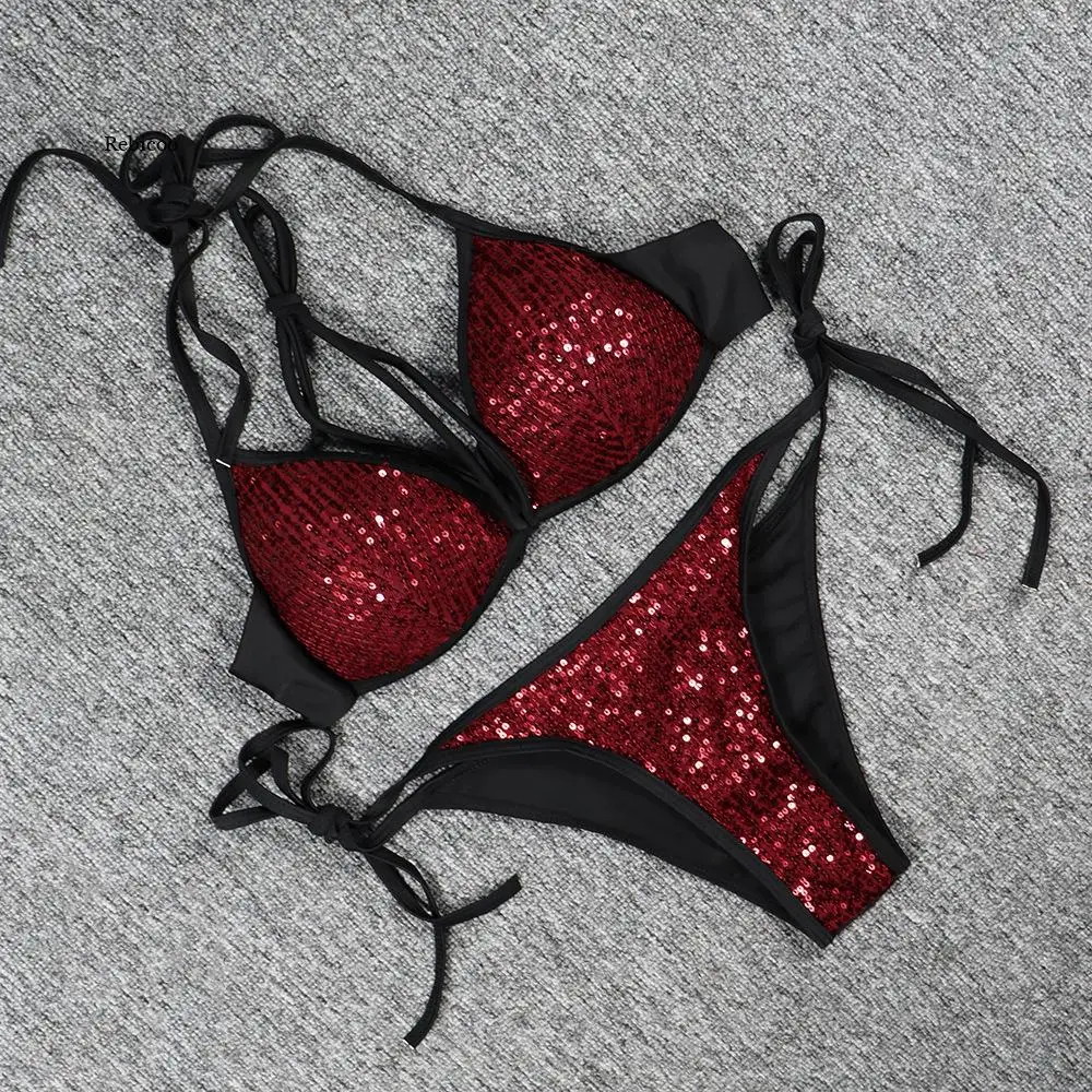 

Women Bandage Swimsuit Two Piece 2022 Summer New Sexy Swimwear Bikini Set Sequins Bathing Suit Push Up Trim Beachwear Female