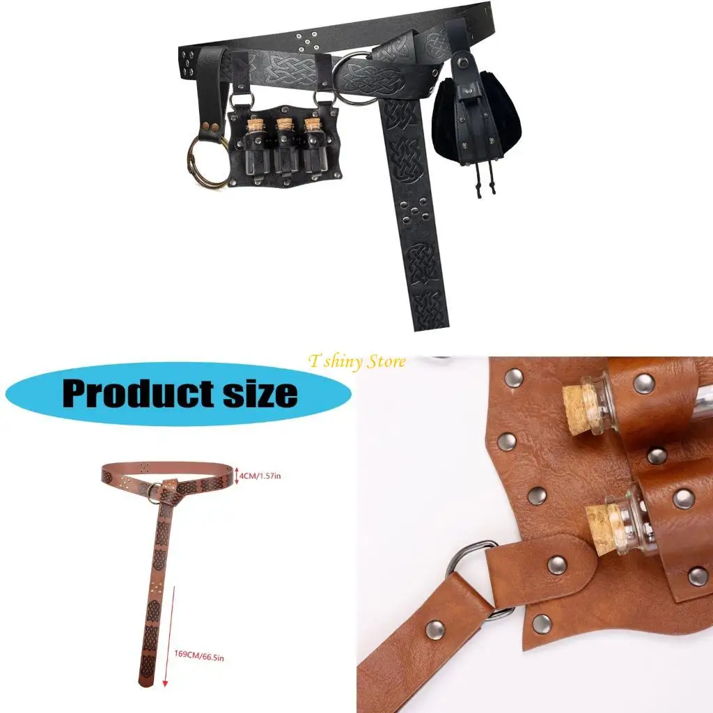 

N58F Retro PU Кожаная мешка по талии 4pcs Установите регулируемый поясной пояс и дрожь для фестивалей ежедневно