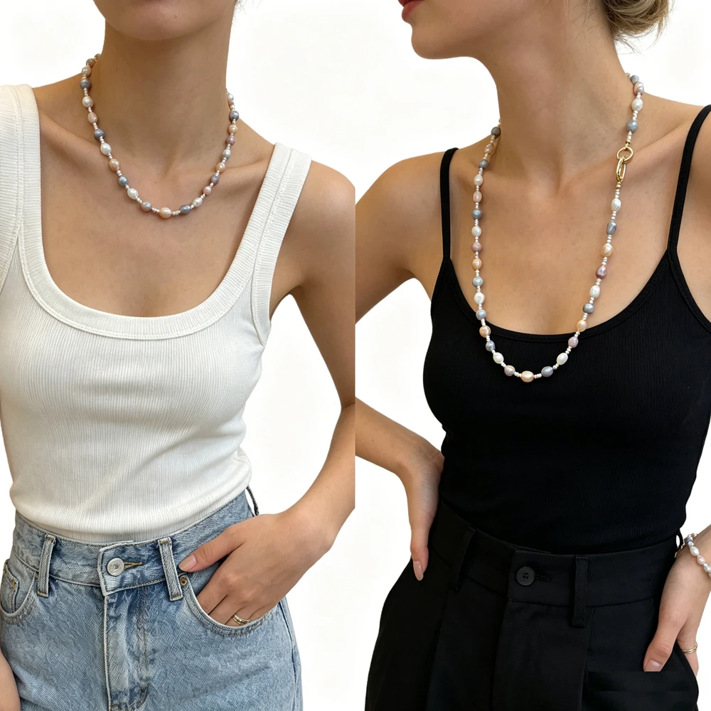 

Elegant 60CM Sweater Collar Chain Multi Colors White Beads Baroque Freshwater Pearl Necklace Fashion Women Charm Accessories