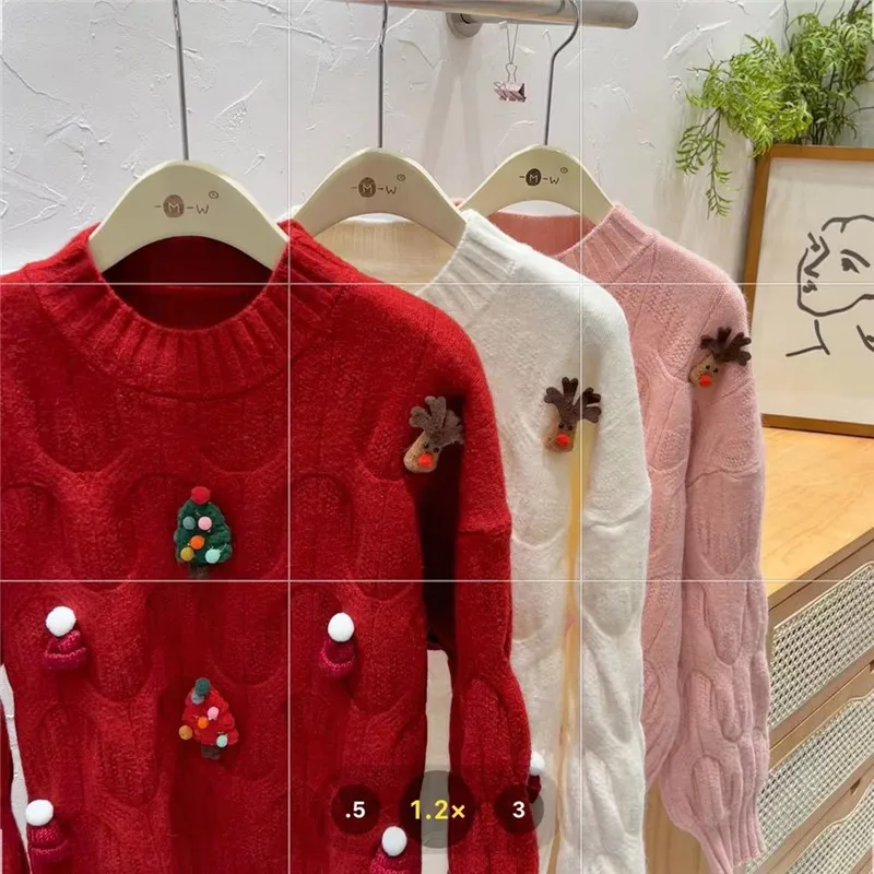 Sweet Girl New Fashion Christmas Red Sweater Holiday Decoration O Neck Twist Knit Pullover Long Sleeve Loose Casual Top Jumper