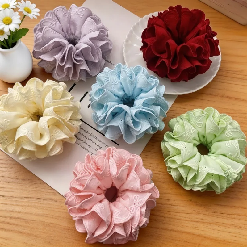 Hair Scrunchie Korean Style Soft Fluffy Lace Trim Thick Fabric Sweet for Girls Kids Bun Accessory Daily Party Travel Home