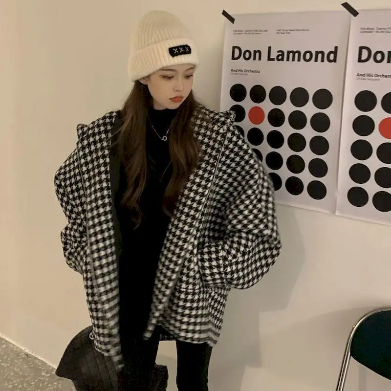 Womens Cardigan Hoodies Fashion Houndstooth Woolen Hooded Coat Autumn Winter Trendy Loose Thickened Woolen Hooded Jackets Woman