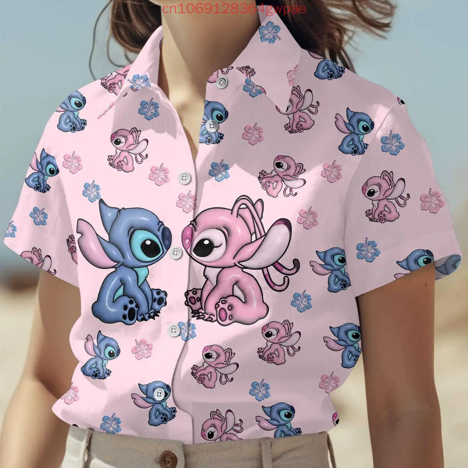 Summer New Stitch Angel Hawaiian Shirt Women's Short Sleeve Button Shirt Disney Men's Casual Beach Vacation Sun Protection Shirt