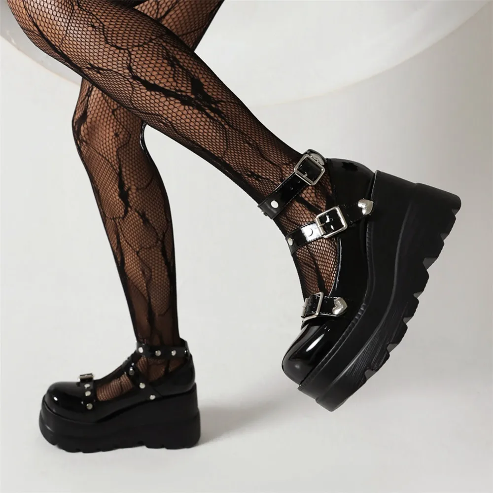 Chunky platforma buty Mary Jane na damskie ze skóry lakierowanej klamra szpilki z paskiem na kostce buty na koturnie wiosna czarny Lolita Gothic Punk