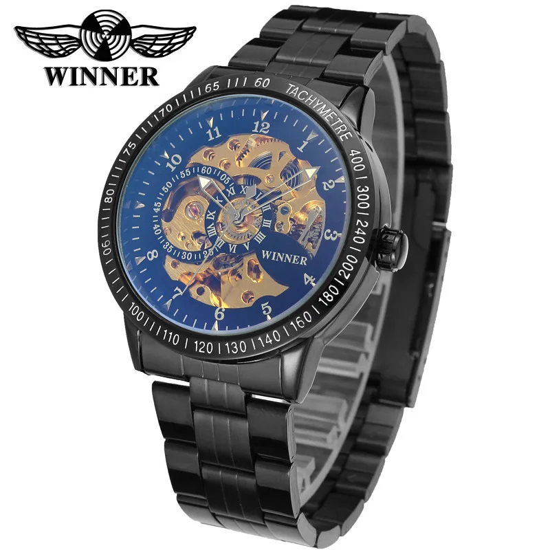 Marca oficial, envío gratis, reloj de moda con correa de acero para hombre, reloj mecánico, reloj mecánico automático hueco de cristal azul