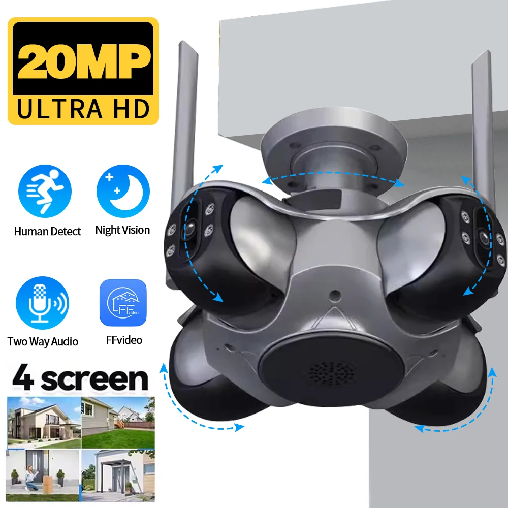 

10K 20MP 4 lens 4 screen WiFi camera Outdoor color night vision panoramic view wireless closed-circuit video surveillance camera