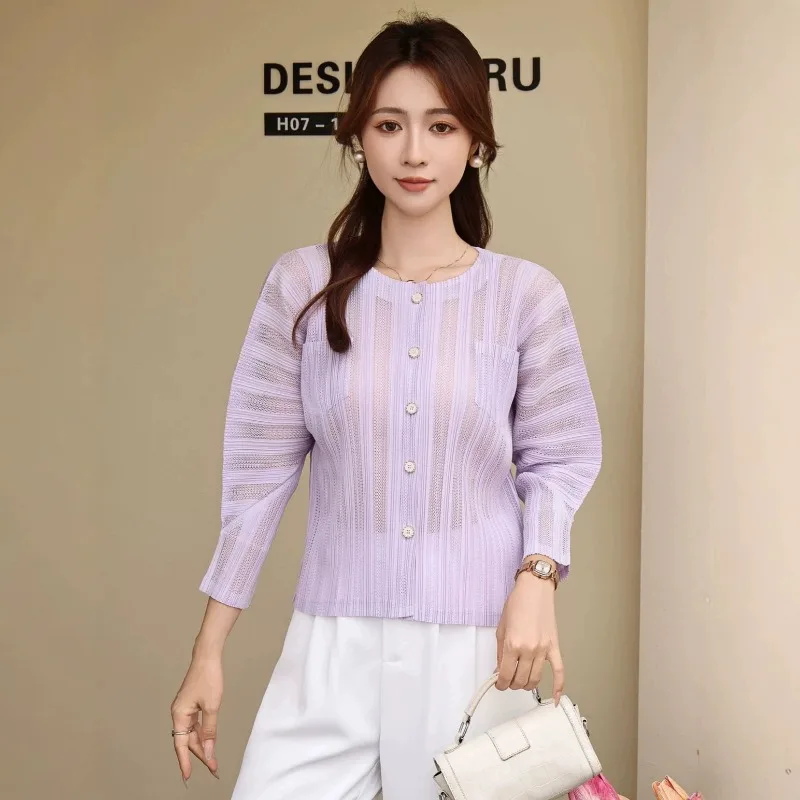 Miyake Pleated Summer New Pleated Knit Cardigan Top for Women Round Neck Single Button Breathable Air Conditioning Shirt Pleat
