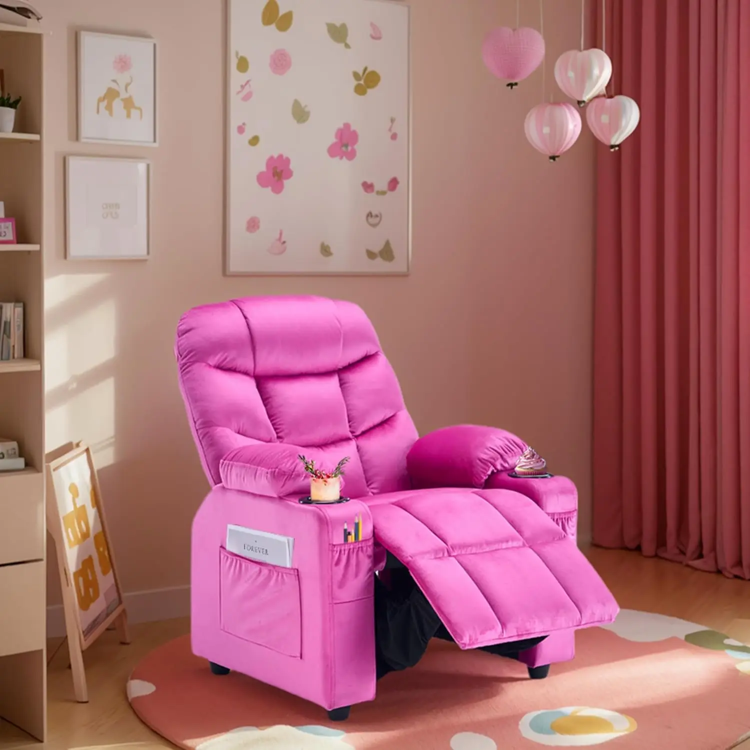 Sedia reclinabile Donut per bambini con portabicchieri e tasche, velluto, dai 3 ai 12 anni