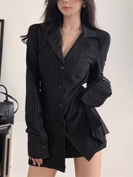 SUNSIREN Korean Fashion Black Shirts Women Office Lady Striped V-Neck Shirt Elegant Vintage Long Sleeve Blouses 2024 Autumn