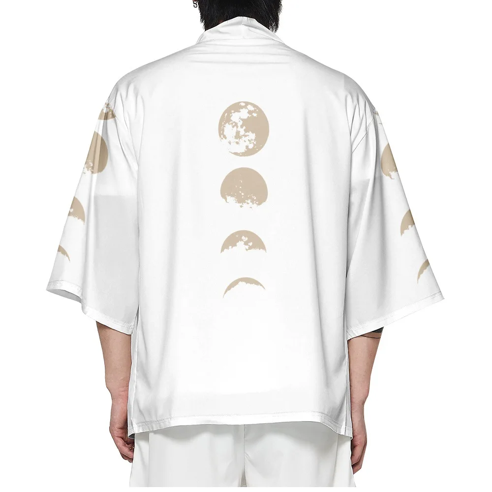 Cartoon Moon Printed White Japanese Kimono Men Women Cardigan Haori Obi Summer Beach Oversized Asian Clothes