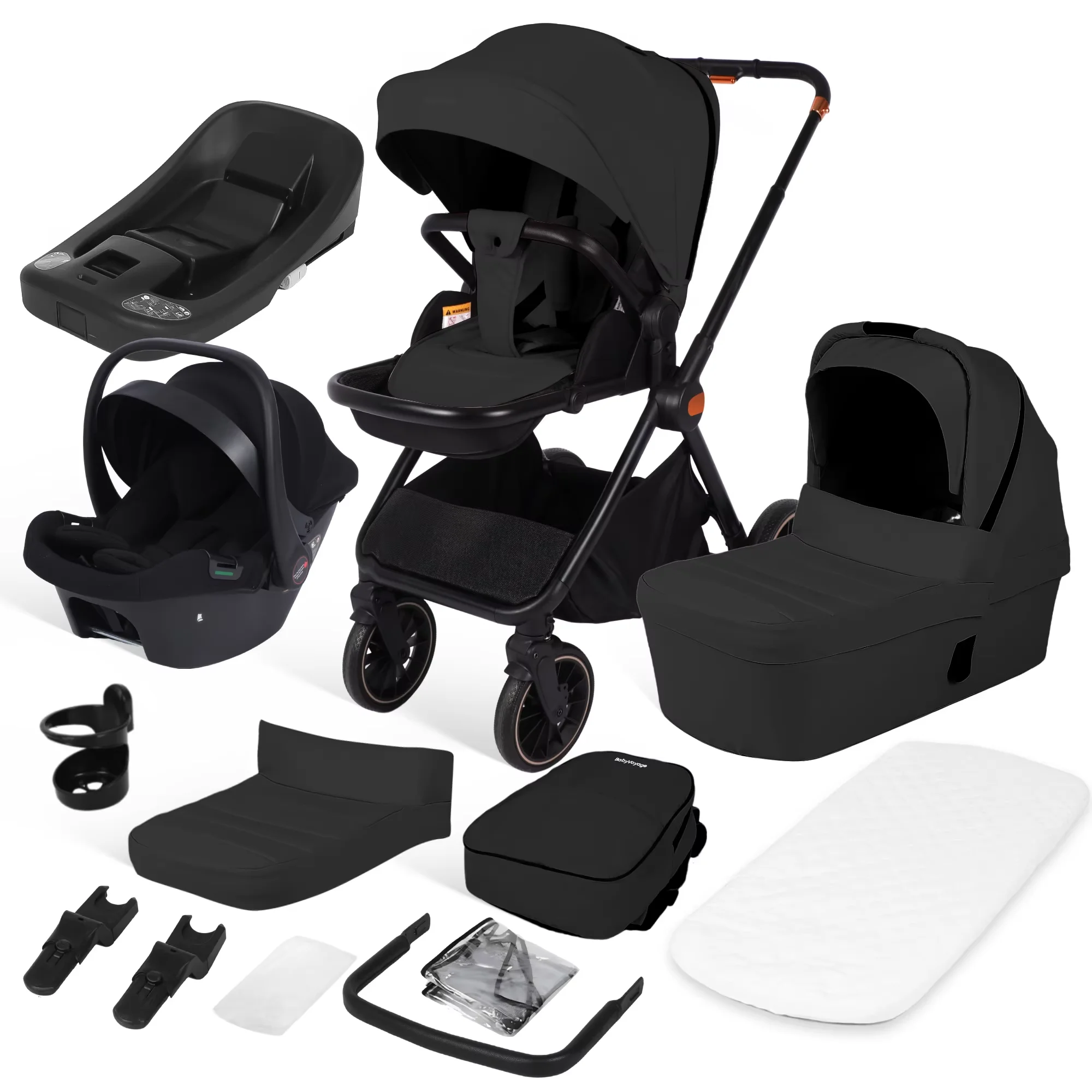 Sistema de viagem para carrinho de bebê 4 em 1 BabyVoyage com assento de carro, base ISOFIX, carrinho de bebê para recém-nascidos de alta visibilidade, berço e design dobrável reversível de 360°